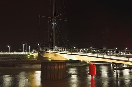 Rhyl, most, Harbour, noč, luči, vode, reka