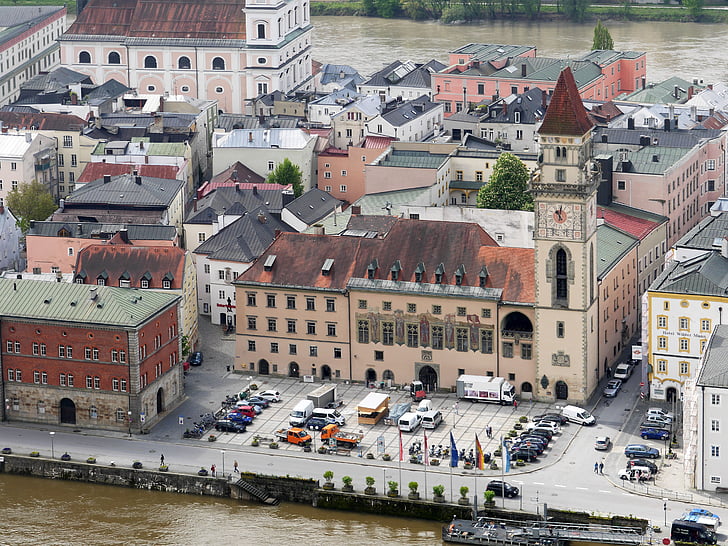 passau, town hall square, bank of the danube, old town, clock tower, city tower, investors