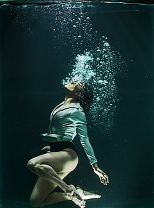 под вода, мода, жена, увеличи, вода, резервоар, изобразително изкуство
