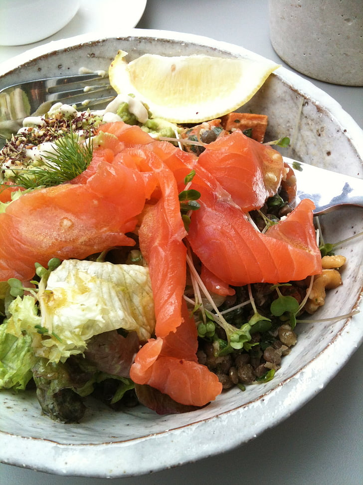 salmon, salad, healthy, fish, food, lunch, fresh