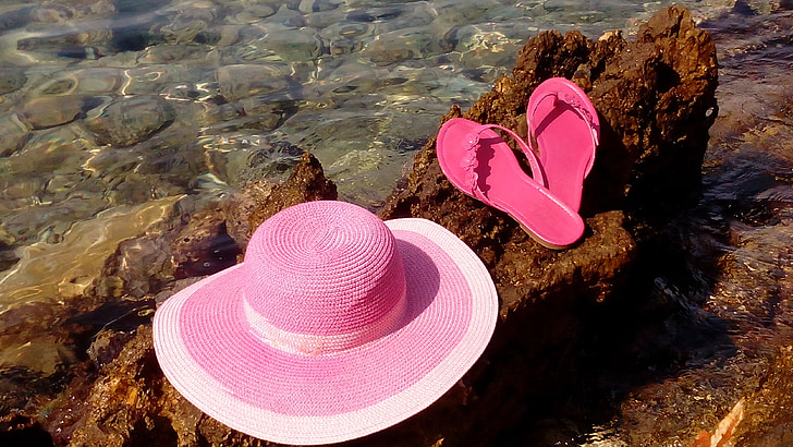 summer, sun hat, colorful, sea, rock, flip flops, pink
