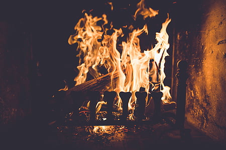 brenning, mørk, brann, ildsted, ved, flamme, varme