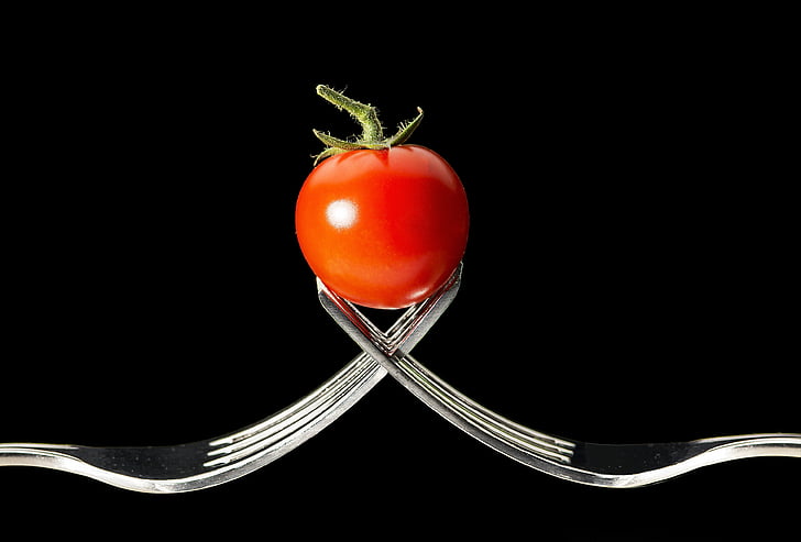 tomato, forks, macro, red, vegetable, black background, food