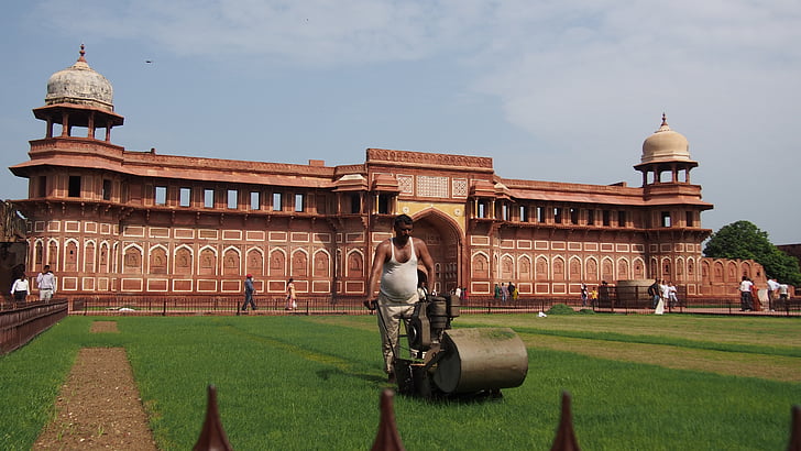Agra fort, czerwony budynek, Architektura, gazon, Pielęgnacja, trawa cutter, Traktorek kosiarka