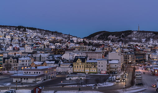 Norvégia, tengerpart, Tromso, építészet, Skandinávia, naplemente, este