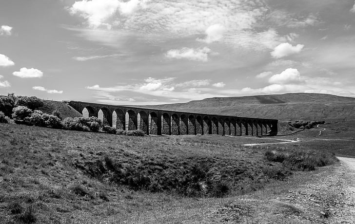 Ribblehead, viaduct, spoorwegen, zwart-wit