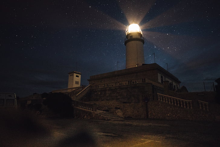 tmavé, noc, Sky, hviezdy, budova, svetlá, Lighthouse