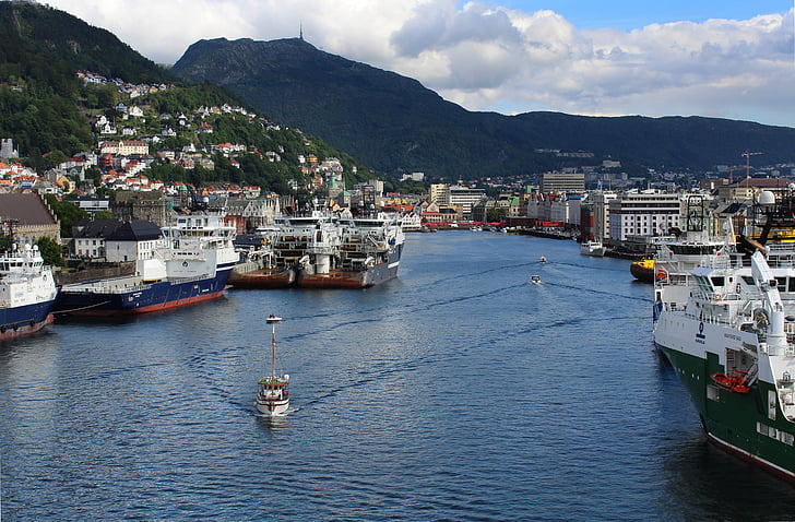 Bergen, entrada, Porto, Noruega, Baía, naves, industrial