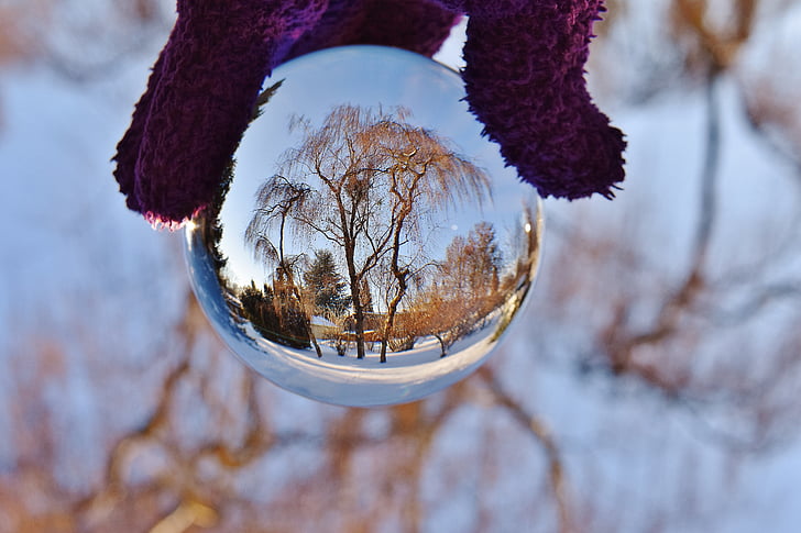 ball, glass, mirroring, trees, glass ball, about, landscape