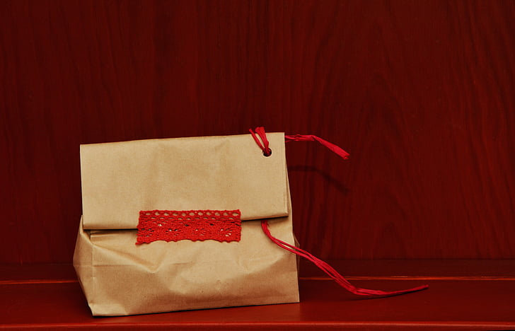 fet, bossa de paper, regal, vermell, dinar, bossa, embalatge