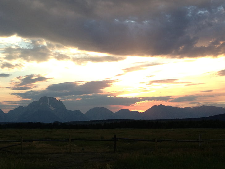 zonsondergang, Tetons, landschap, Wyoming, wolken, schilderachtige, piek