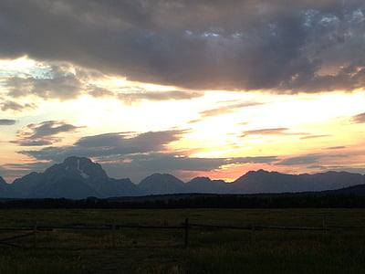 Západ slunce, Tetons, krajina, Wyoming, mraky, malebný, vrchol
