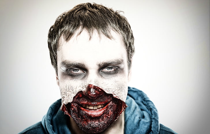 zombie, esgarrifós, horror, maquillatge, cara, xoc, homes