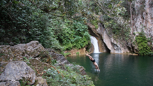 waterfall, water, cuba, jump, nature, tree, forest