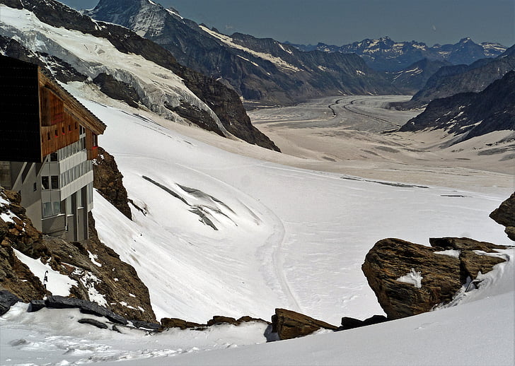 Världsnaturarv, glaciären Aletsch, Jungfraujoch, Schweiz, 3700m, Valais, Berner oberland