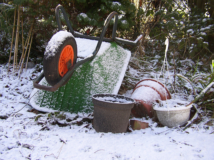 wheelbarrow, snow, winter, garden, equipment, trolley, wheel