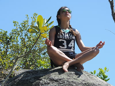 béke, jóga, meditáció, gyermek, a szabadban, természet, sport