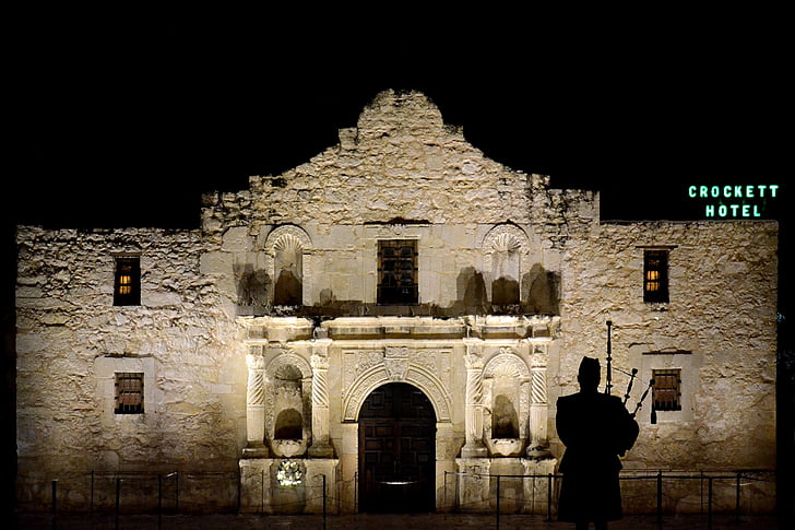 Alamo, cornemuse, Piper, bâtiment, nuit, Scotsman, silhouette