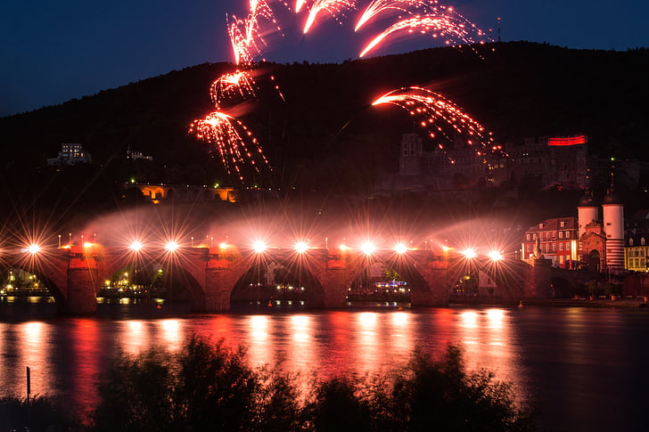 iluminação, ponte, edifício, à noite, Fortaleza, fogos de artifício, Heidelberg