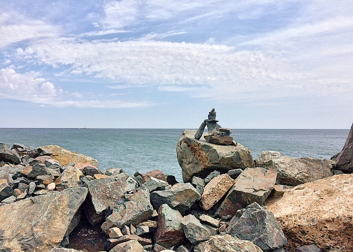stacked, stones, rock, balance, nature, shore, sea