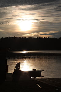 Person, Boot, mit Blick auf, Sonnenuntergang, Blick, hinter, Bäume