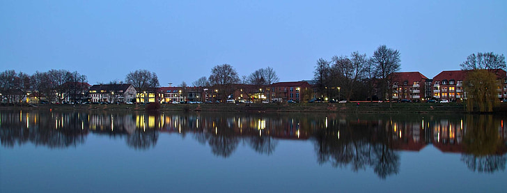 Aasee, Münster, Panorama, večer, zrcadlení