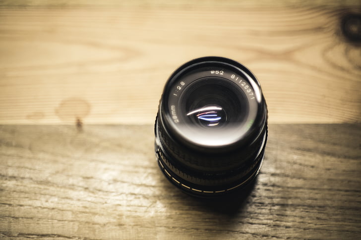 camera, lens, black, photography, wooden, table, blur