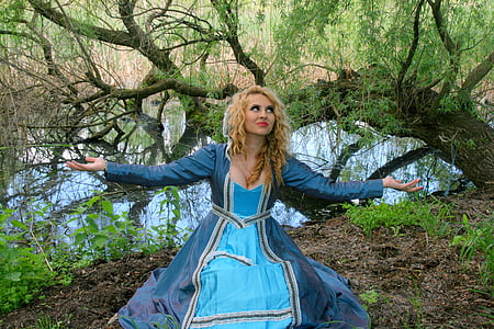 女孩, 公主, 穿衣服, 森林, 花环, 蓝色, 美