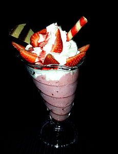 ice cream, strawberries, cream, sweet, ice cream cup, dessert, pink