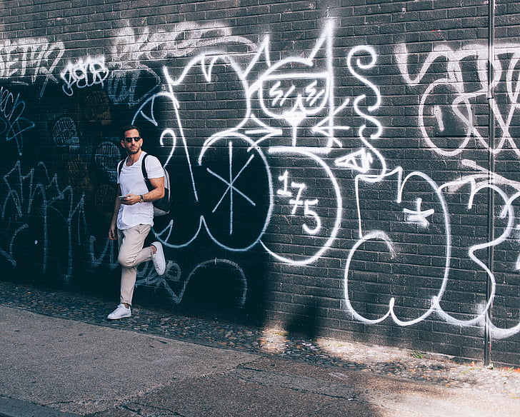 grafiti, zid, umjetnost, vandal, čovjek, sunčane naočale, putovanja