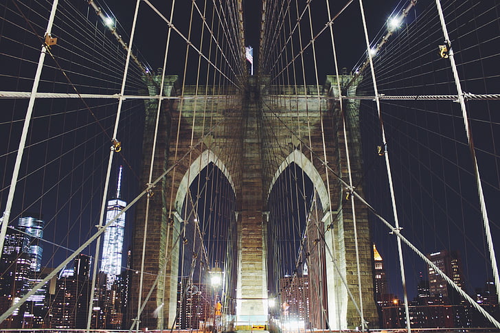Brooklyn, tiltas, naktį, dangus, Bruklino tiltas, Architektūra, Niujorkas