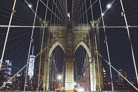 Бруклин, мост, ночь, небо, Бруклинский мост, Архитектура, Нью-Йорк
