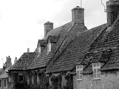 velho, vila, casas, telhado, Corfe, pedra, medieval