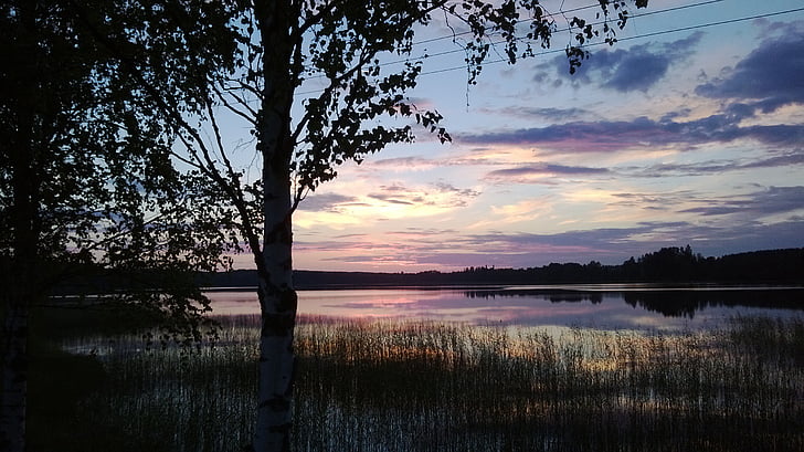 jezero, krajina, Příroda, Západ slunce, reflexe, strom, voda
