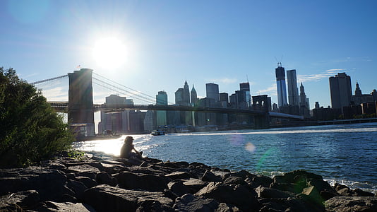 híd, nap, Manhattan, Brooklyn, New York-i, építészet, belváros
