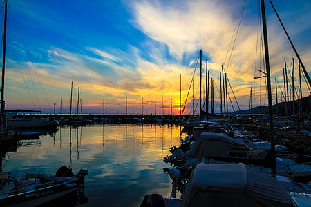 coucher de soleil, Dim, grande, port, bateau nautique, mer, Harbor