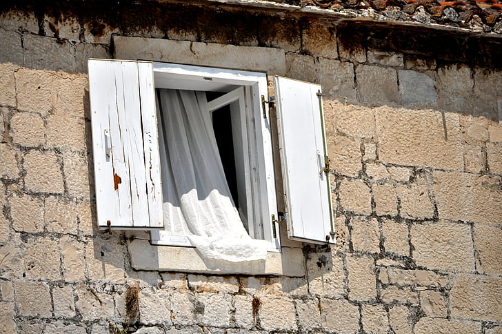 ventana, ventana de dálmata, Riva, frente al mar, Trogir, Croacia, UNESCO