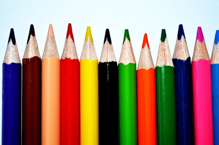spalvos, spalvotieji pieštukai, fono, mėlyna, rudos spalvos, geltona, raudona