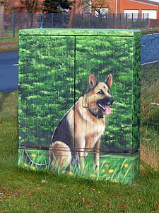 caixa do telefone, aerógrafo, cão, cão de Schäfer, tinta, imagem, animal