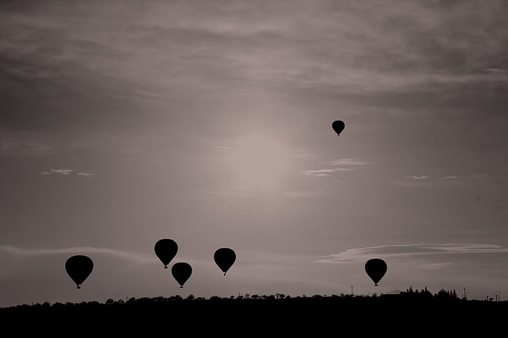 σιλουέτα, φωτογραφία, αέρα, μπαλόνια, που φέρουν, Hot, ουρανός