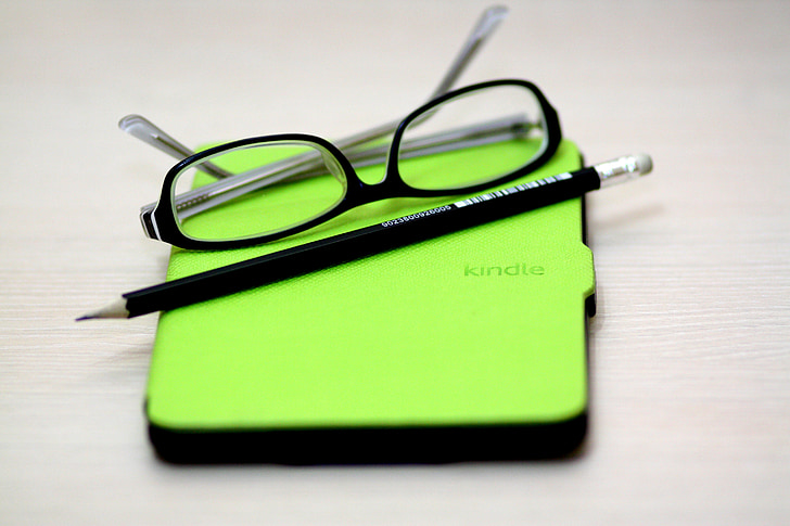 Kindle, blanc de treball, llibre, dispositiu, ulleres, e-llibre, llapis