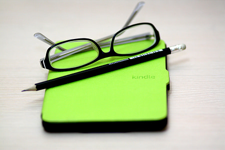 Kindle, bianco carta, libro, dispositivo, occhiali, e-libro, matita