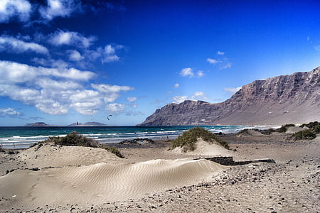 Lanzarote, Famara, Surf, Plaża, morze, wody, niebo