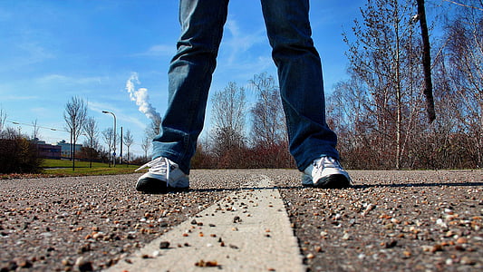 sidewalk, road, stand, feet, perspective, sneakers, human