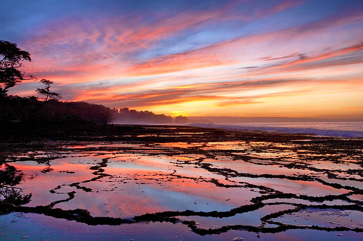 morning glow, sawarna coast, java, indonesia, reflection of the surface of the water, sky burning, sunset