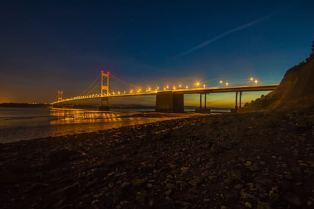 Jembatan Severn, malam, Sungai, senja, cahaya