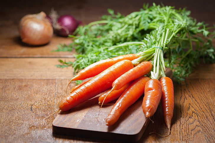 onion, carrots, fresh, crops, vegetables, table, wood