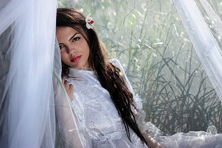 girl, veil, white, beauty, long hair, bride, wedding