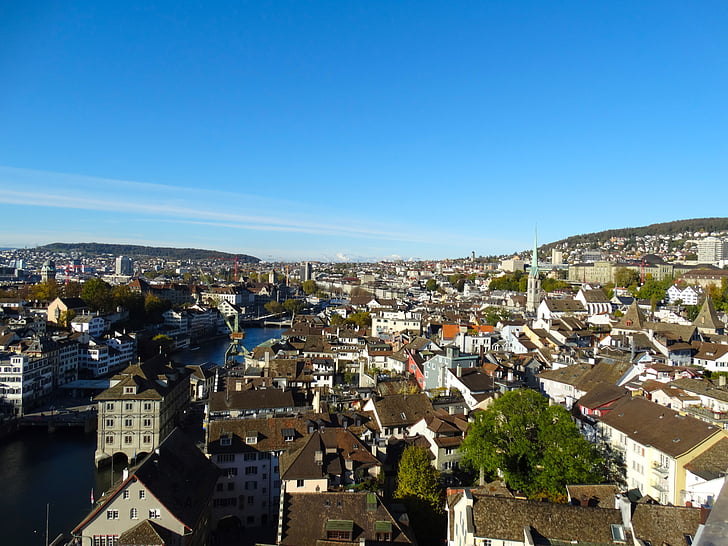 zurich, city, aerial view, town center