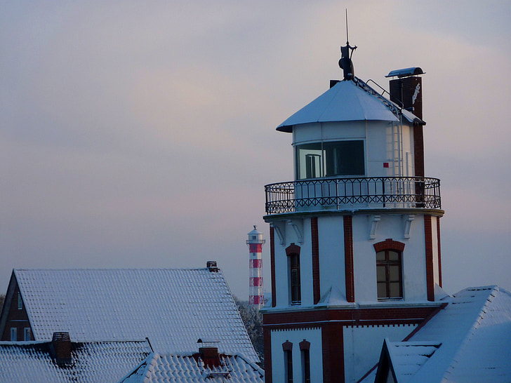 lighthouse, winter, maritime, beacon, old country, elbe, landscape